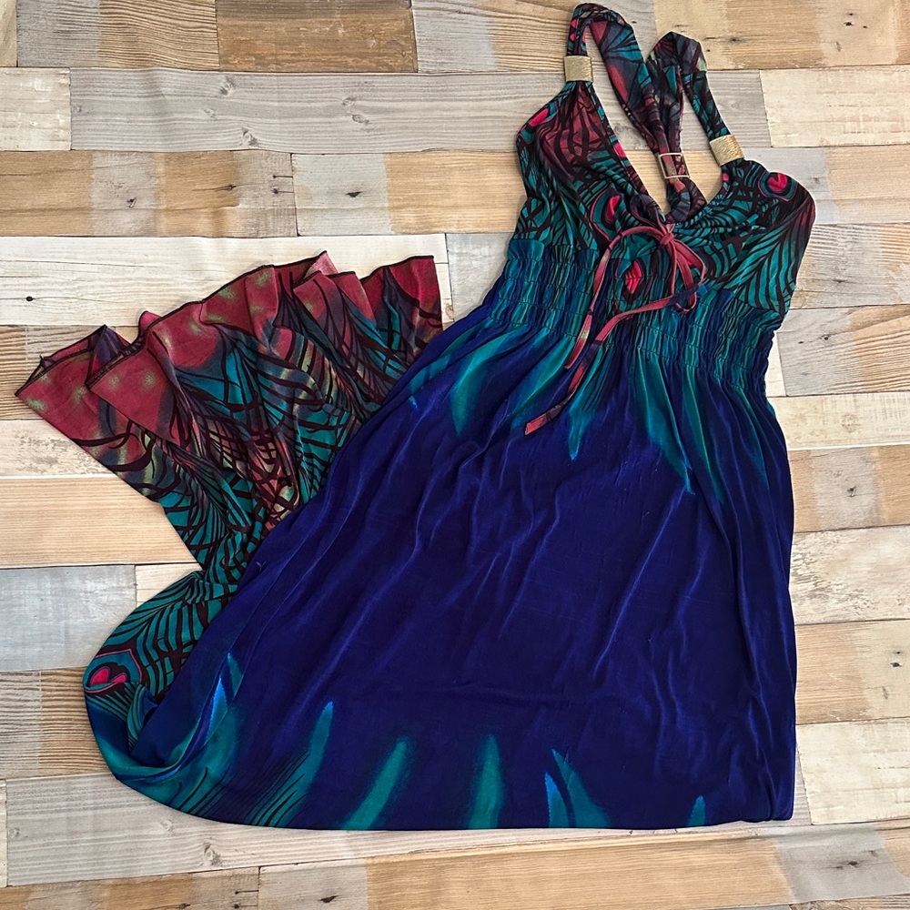 Women’s Peacock Maxi Coverup Dress in Blue, Teal, and Pink